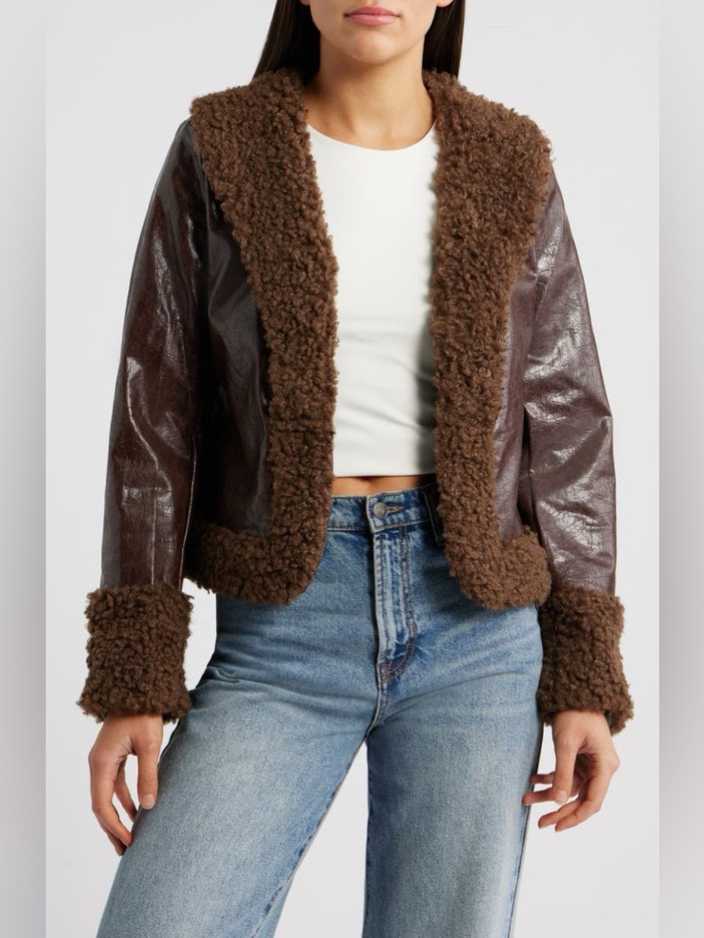 Princess Polly Found A Reason Faux Leather & faux Shearling Trim Crop Jacket